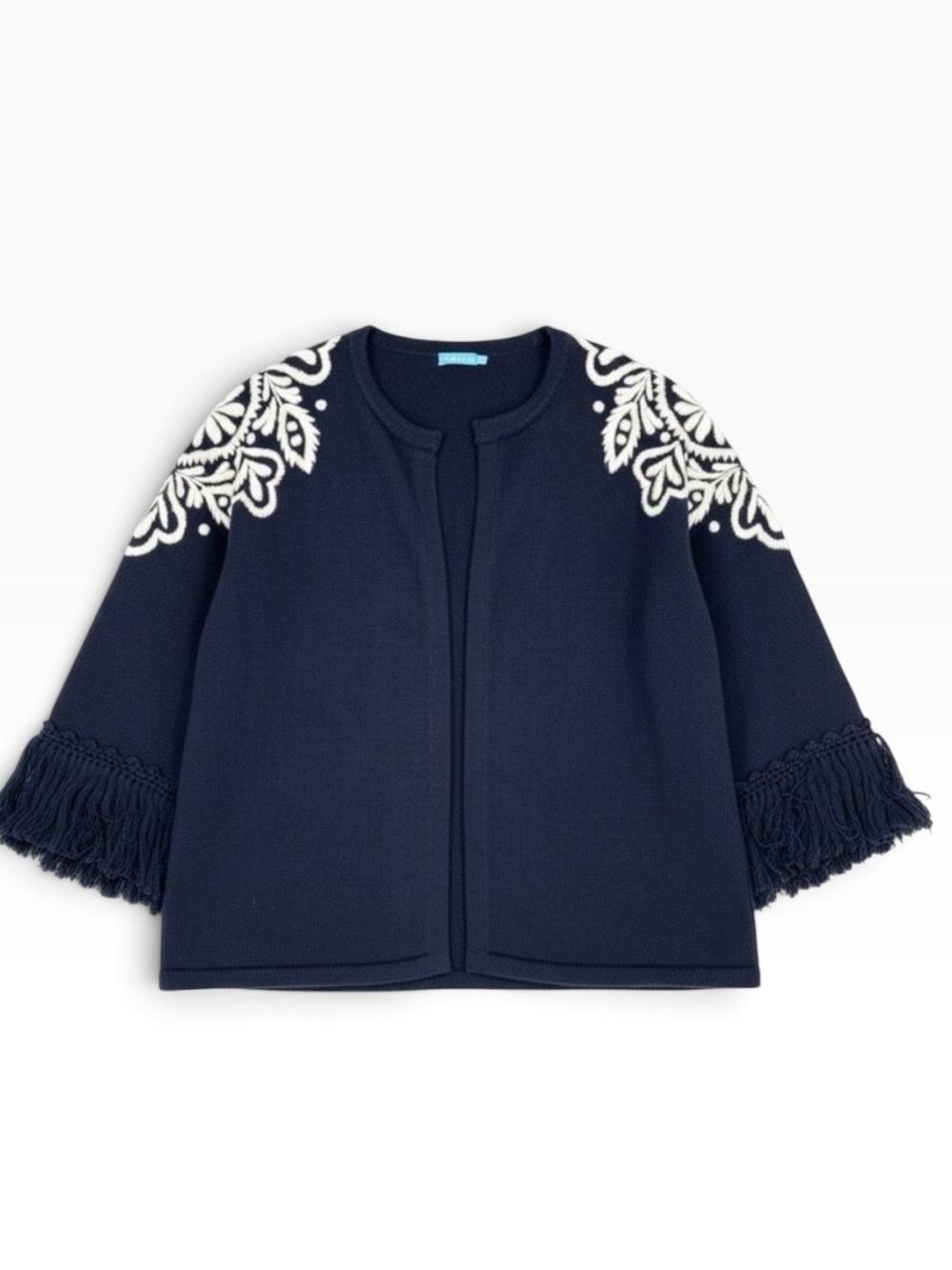 J McLaughlin Cotton Knit Open Cardigan Embroidered Navy Blue Fringe Trim M